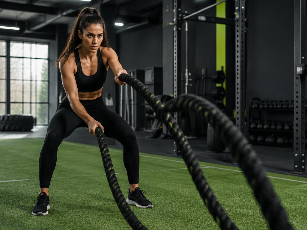 Athletin trainiert mit Battle Ropes