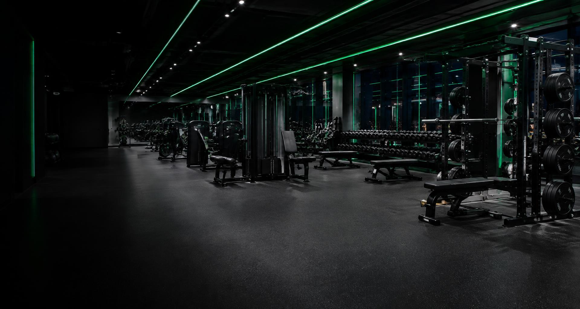 Modernes IRON HOUSE Fitnessstudio mit Freihanteln, Trainingsgeräten und grüner Beleuchtung